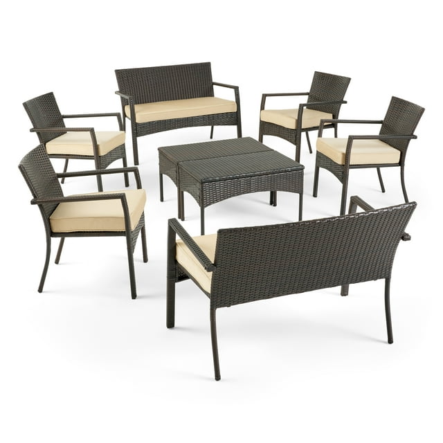 Fijian Outdoor 8 Seater Wicker Chat Set with Cushions, Multibrown and Dark Cream