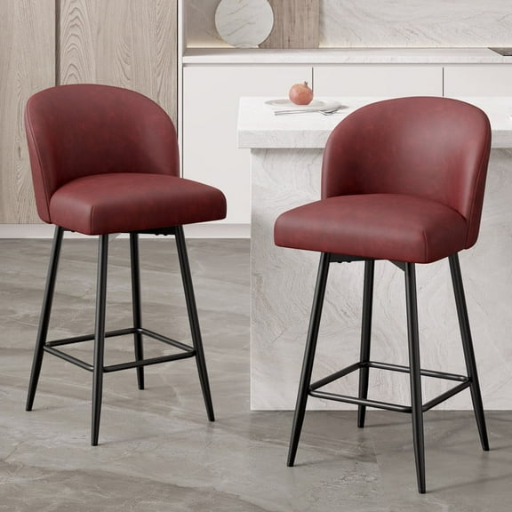 Fijinhom 26" Counter Height Bar Stools Set of 2, PU Leather Swivel Bar Chairs with High Back and Metal Legs, Red