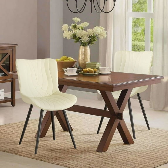 Fijinhom Dining Chairs Set of 4,Modern Armless PU Leather Accent Lounge Chairs,High Back Rest Upholstered Seat and Sturdy Metal Legs for Dining Room,Living Room,Kitchen,Beige