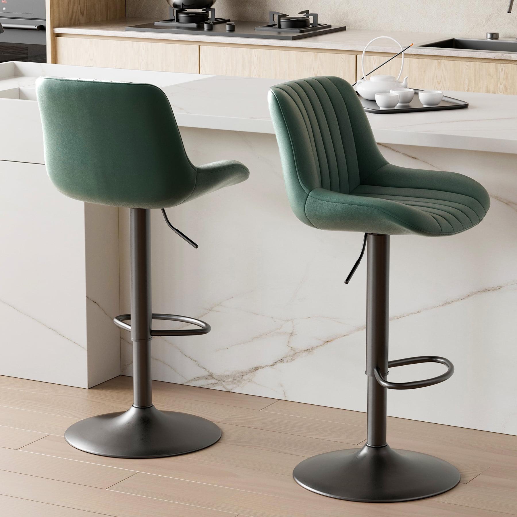 Modern Adjustable Green Swivel Bar Stools with Metal Base