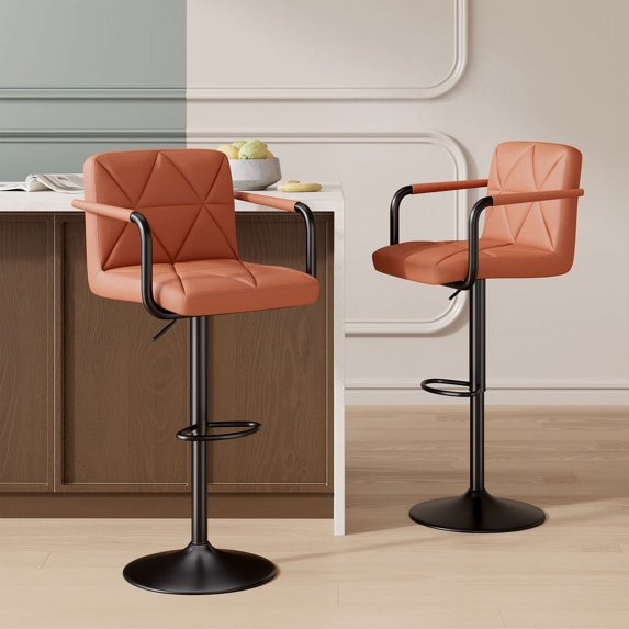 Fijinhom Modern Bar Stools Set of 2 Upholstered Faux Leather Barstools with Back and Arms Height Adjustable Bar Chairs Waterproof Counter Barstools for Kitchen Bar Dinning Room