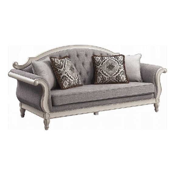 Fil Classic Sofa with 4 Pillow- Button Tufting- Antique White Trim 88 Inch