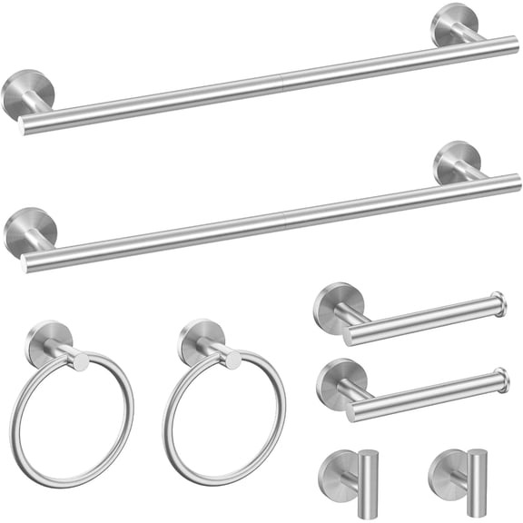Fil-Fresh Brushed Nickel Bathroom Hardware Set, 8-Piece Wall Mounted Bathroom Accessories Set with 18" Towel Bar, Toilet Paper Holder, Towel Ring & Robe Hook, Stainless Steel Towel Rack for Bathroom