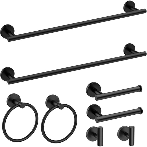 Fil-Fresh Matte Black Bathroom Hardware Set, 8-Piece Wall Mounted Bathroom Accessories Set with 18" Towel Bar, Toilet Paper Holder, Towel Ring & Robe Hook, Stainless Steel Towel Rack for Bathroom