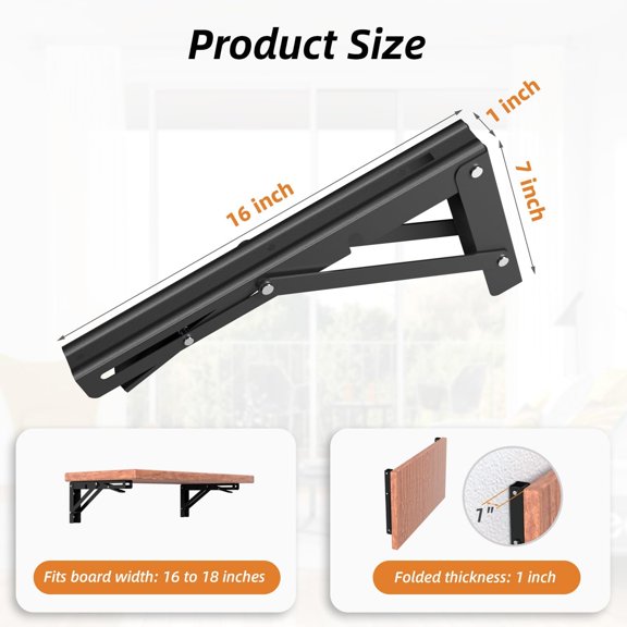 Fil-fresh 16 Inch Folding Shelf Brackets, Heavy Duty Collapsible Triangle Shelf Brackets for DIY, Wall Mounted Folding Shelves Foldable Table, Max Load 300 lbs, Matte Black, 2 Pcs