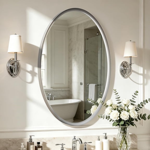 Fil-fresh 20x28 Inch Oval Bathroom Mirror, Brushed Nickel Aluminum Framed Wall Mirror, Tempered Glass Vanity Mirror for Bathroom Bedroom Entryway Living Room, Horizontal or Vertical