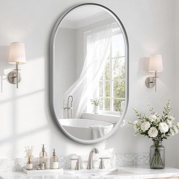 Fil-fresh 24x36 Inch Nickel Pill Oval Mirror, Shatter-Resistant Tempered Glass, Brushed Nickel Aluminum Frame, Small Vanity Mirror for Bathroom Over Sink, Rust-Proof Indoor Capsule Wall Decor