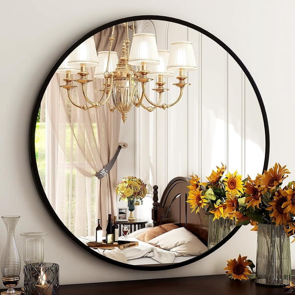 Fil-fresh 60cm Large Round Wall Mirror Black Frame Aluminum Alloy Bathroom Mirror (23.62”)