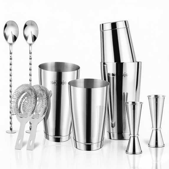 8-Piece Boston Cocktail Shaker Set, Professional Bar Kit with Boston Shaker, Hawthorne Strainer, Jigger & Bar Spoon, Stainless Steel, Dishwasher Safe Bartender Kit