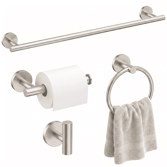 Fil-fresh Brushed Nickel Bathroom Hardware Set, 4-Piece Wall Mounted Bathroom Accessories Set, 26-Inch Towel Bar with Toilet Paper Holder, Towel Ring & Robe Hook, SUS304 Stainless Steel