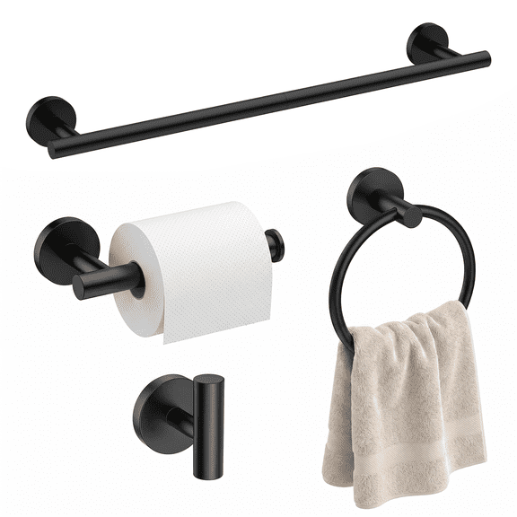 Fil-fresh Matte Black Bathroom Hardware Set, 4-Piece Wall Mounted Bathroom Accessories Set, 18-Inch Towel Bar with Toilet Paper Holder, Towel Ring & Robe Hook, SUS304 Stainless Steel