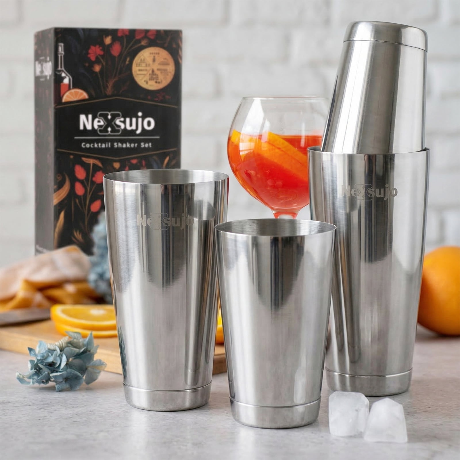 Boston Shaker Set, 4-Piece Professional Cocktail Shaker Set with 18oz & 28oz Weighted Stainless Steel Bar Shakers, Secure Fit and Dishwasher Safe