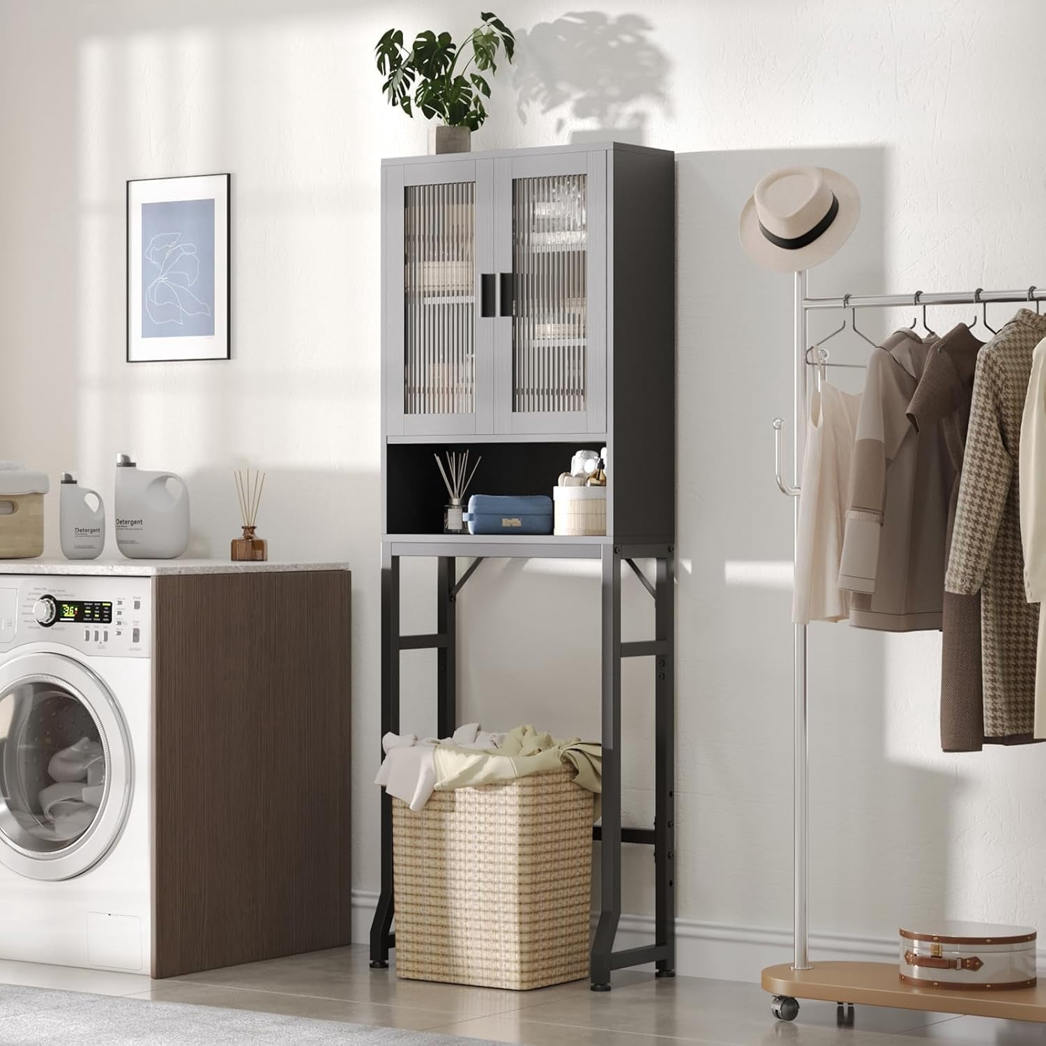 Fil-fresh Over The Toilet Storage Cabinet, Bathroom Organizer with Tempered Glass Doors, Thicken Metal Stand & MDF Wood, Freestanding Space Saver, Black