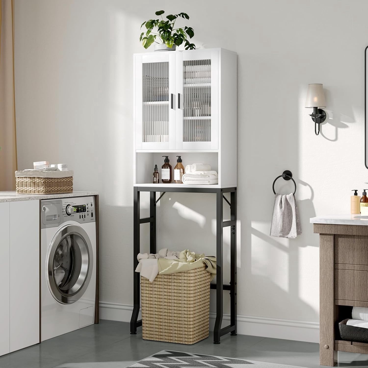 Fil-fresh Over The Toilet Storage Cabinet, Bathroom Organizer with Tempered Glass Doors, Thicken Metal Stand & MDF Wood, Freestanding Space Saver, White