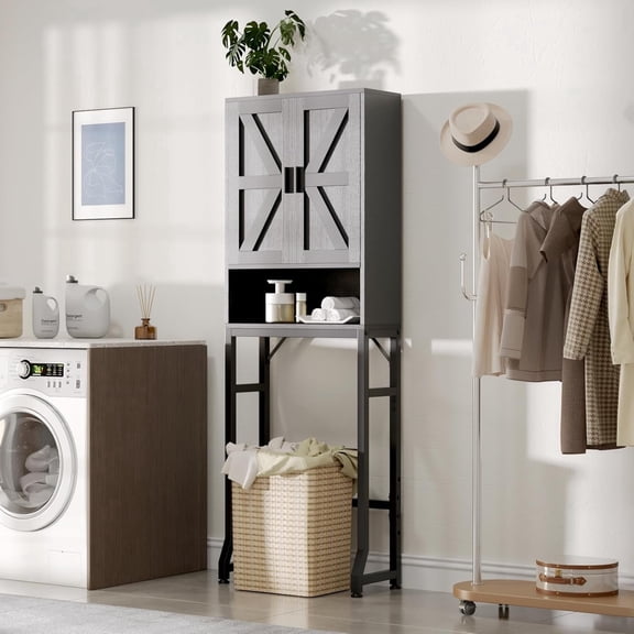 Fil-fresh Over The Toilet Storage Cabinet, Bathroom Organizers and Storage with Barn Doors, Thicken Metal Stand & MDF Wood Above Toilet Storage Cabinet, Freestanding Space Saver, Black