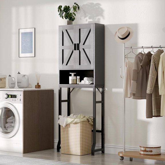 Fil-fresh Over The Toilet Storage Cabinet, Bathroom Organizers and Storage with Barn Doors, Thicken Metal Stand & MDF Wood Above Toilet Storage Cabinet, Freestanding Space Saver, Black