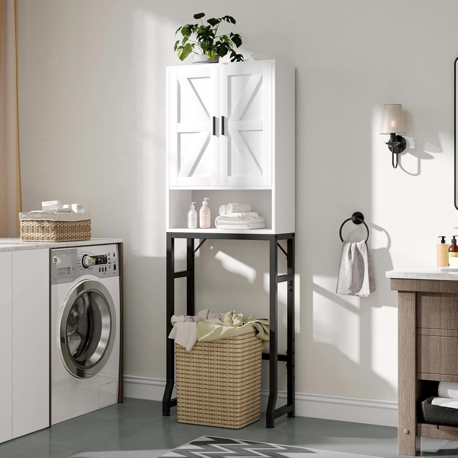 Fil-fresh Over The Toilet Storage Cabinet, Bathroom Organizers and Storage with Barn Doors, Thicken Metal Stand & MDF Wood Above Toilet Storage Cabinet, Freestanding Space Saver, White