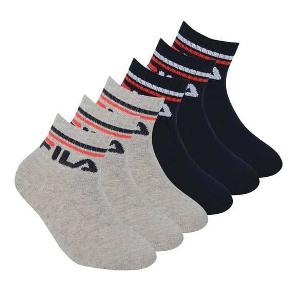 Fila Kid's Socks, 6-Pack - Quarter, Logo, Stripes, Solid Color Blue/Grey 23-26