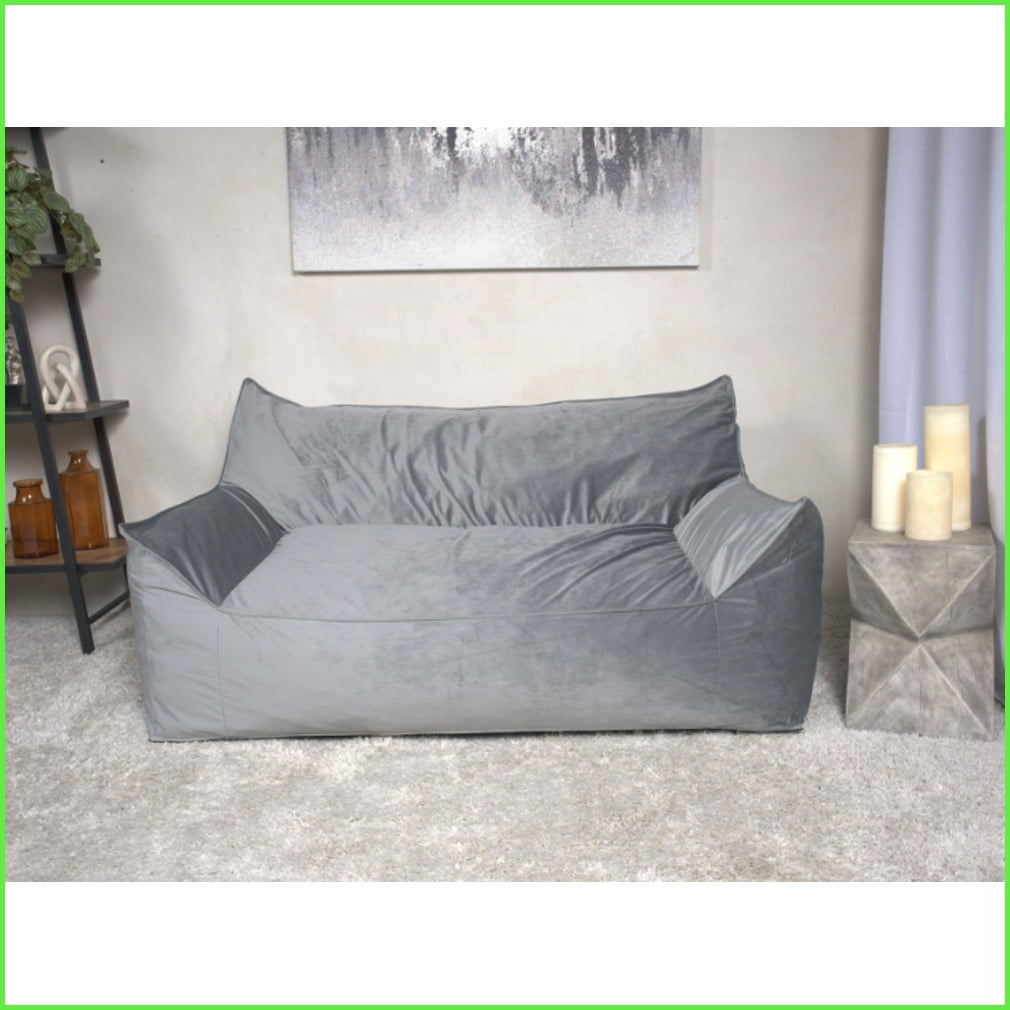 Fila Oversized 2-Seater Velveteen Bean Bag Chair with Armrests for Adults, Gray | Velvet | Curved