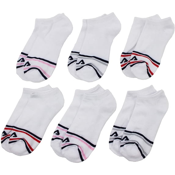 Fila Unisex 6-Pack Half Cushion No Show Socks MediumWomen's Shoe size 4-10; Men's Shoe 3-8, Striped Toe - White