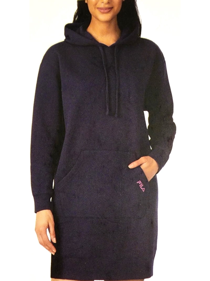 Fila Women's Flannel Hoodie Dress Long Sleeves Kangaroo Pocket (Navy, M)