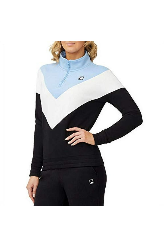 Womens 1/4 Zip Pullover Sweatshirt (Large, Black, Blue & White)
