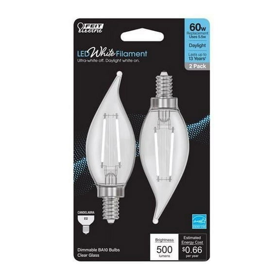 Filament BA10 E12 Candelabra LED Flame Bulb Daylight, White - 60W Equivalence - Pack of 2