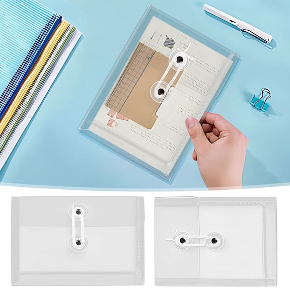 File Bag Document Organizer, Transparent Plastic Archive Pouch with Button and String Tie Closure for Office Educational Supplies Storage, Topliu