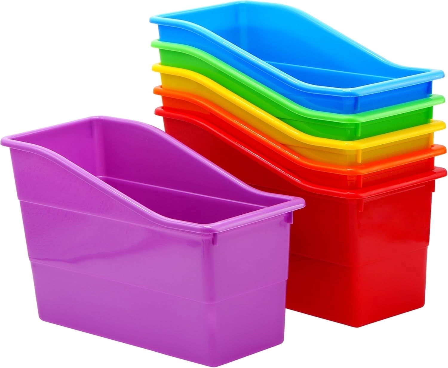 4E's Novelty Book Bin Organizer Set of 6, Plastic Vertical Binder Holder for Classroom, Rainbow Colors