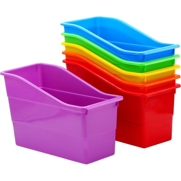 4E's Novelty Book Bin Organizer Set of 6, Plastic Vertical Binder Holder for Classroom, Rainbow Colors