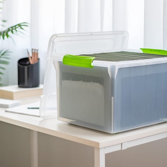 File Box File Organizer Plastic File Box for Letter/Legal File, BPA-Free Plastic Storage Bin Tote Organizer w/Secure Latching Lid and Easy-Slide Pad, Clear 35 Qt. 4Pack