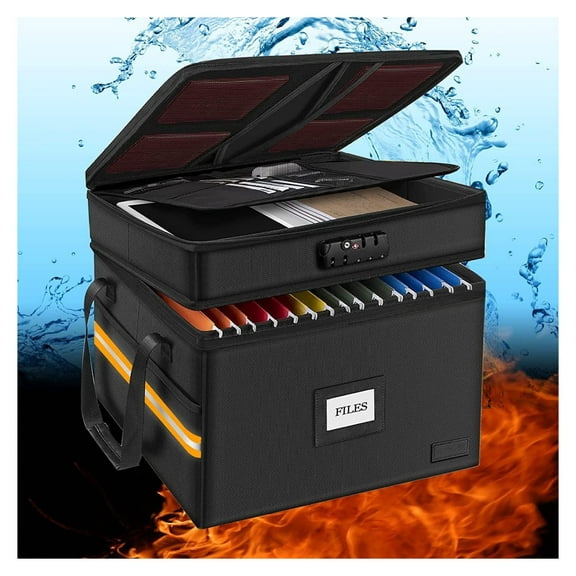 File Box; Fireproof Document Box; with Lock; Upgraded 2 Layer Water-resistant Organizer; Portable; Collapsible Storage Cabinet; Reflective Strip Black