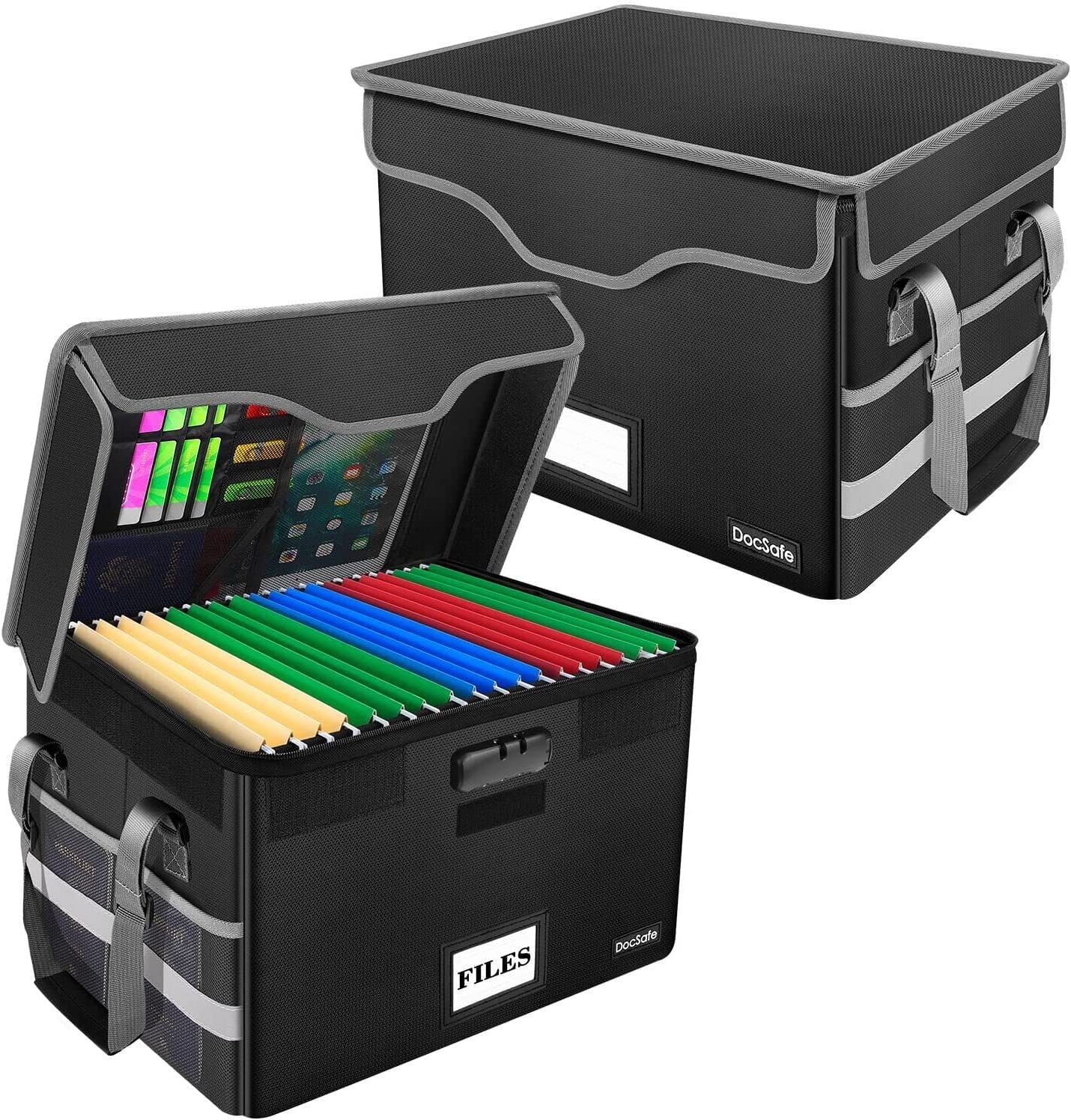 Black Fireproof Document Storage Box with Lock and Pockets, 2 Pack