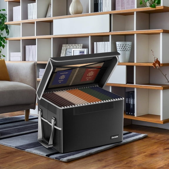 File Box Fireproof File Storage Organizer with Lid,Collapsible Document Storage Filing Case for Hanging Letter/Legal Folders,Portable Home Office Safe Cabinet with Handle,Black,2 Pack