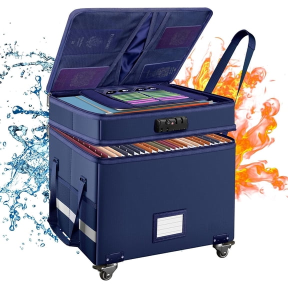 File Box with Lock, 2-Layer Fireproof Document Box with Wheels,Collapsible File Storage Organizer with Pockets,Large Portable Office Filing Cabinet Folders,Blue,16''x13.8''x12.2''