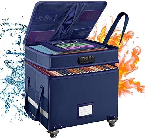 File Box with Lock, 2-Layer Fireproof Document Box with Wheels,Collapsible File Storage Organizer with Pockets,Large Portable Office Filing Cabinet Hanging Folders,Blue,16''x13.8''x12.2''