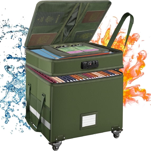 File Box with Lock,2-Layer Fireproof Document Box with Wheels,Collapsible Rolling File Storage Organizer with Pockets,Large Portable Home Office Filing Cabinet for Hanging Folders,Green