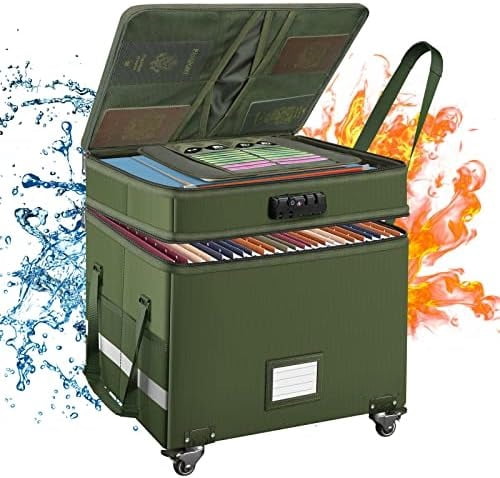 File Box with Lock,2-Layer Fireproof Document Box with Wheels,Collapsible Rolling File Storage Organizer with Pockets,Large Portable Home Office Filing Cabinet Safe for Hanging Folders,Green