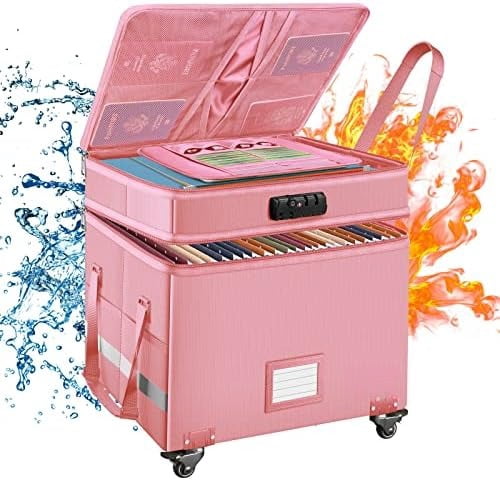 File Box with Lock,2-Layer Fireproof Document Box with Wheels,Collapsible Rolling File Storage Organizer with Pockets,Large Portable Home Office Filing Cabinet Safe for Hanging Folders,Pink