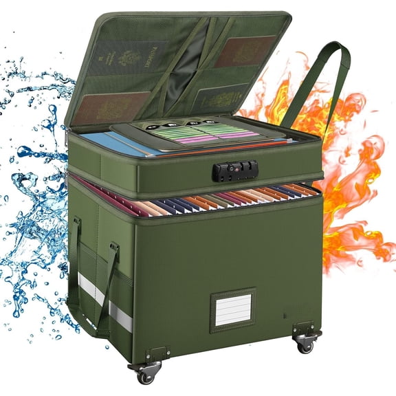 File Box with Lock,2-Layer Fireproof Document Box with Wheels,Collapsible Rolling File Storage Organizer with Pockets,Large Portable Office Filing Cabinet Safe for Folders,Green