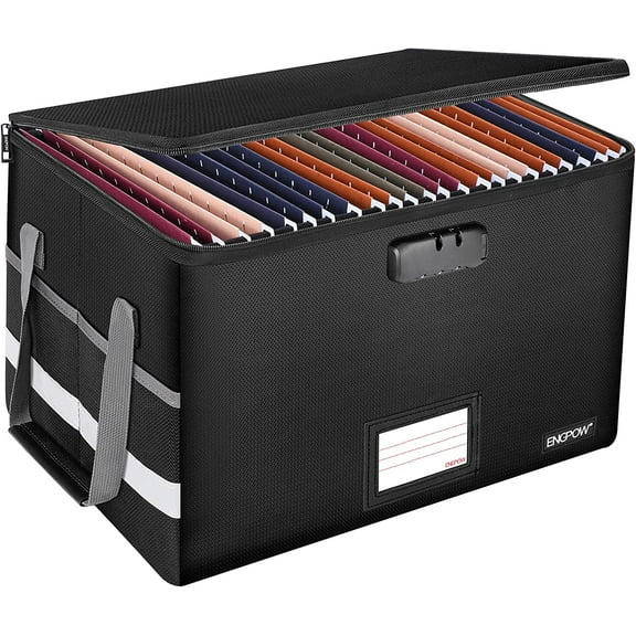 File Box with Lock,ENGPOW Fireproof Box File Storage Organizer Anti-Static Box,Collapsible Fireproof Document Box Filing Box with Handle,Portable Home Safe Box for Hanging Letter/Legal Folder-black