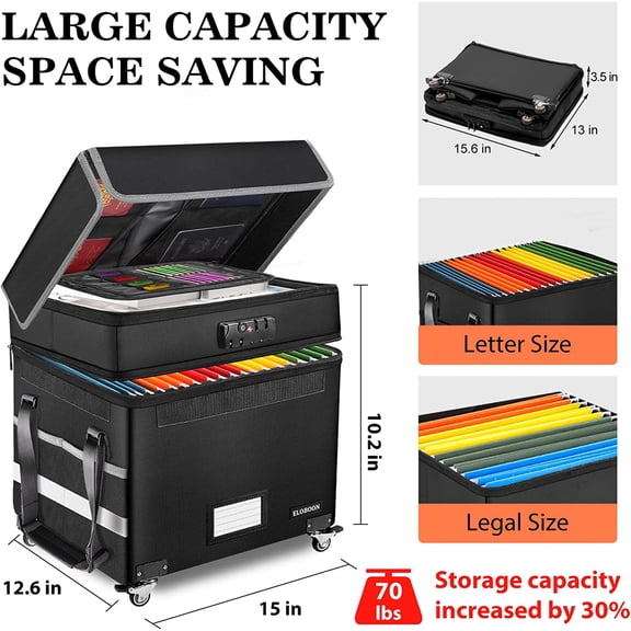 File Box with Lock, Fireproof Document Box with Wheels, Collapsible File Organizer Box, File Storage Box for Home & Office, Filing Cabinet for Hanging Letter/Legal Folders, Black