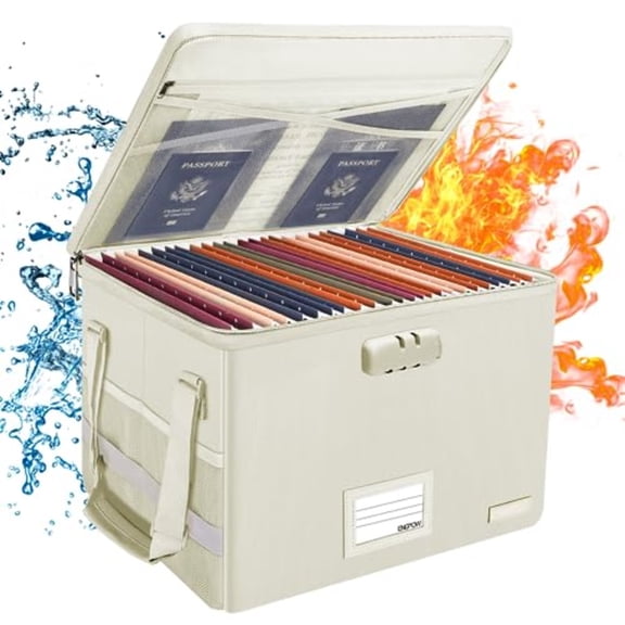 File Box with Lock Fireproof Document Box with Zipper Lid Collapsible File Storage Organizer Filing Cabinet with Handles Portable Home Office Safe for Hanging Letter/Legal Folders Beige