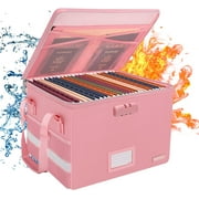 File Box with Lock, Fireproof Document Box with Zipper＆Pockets, Collapsible File Organizer Filing Storage Cabinet with Handle, Portable Home Office Safe for Hanging Letter/Legal Folder, Pink