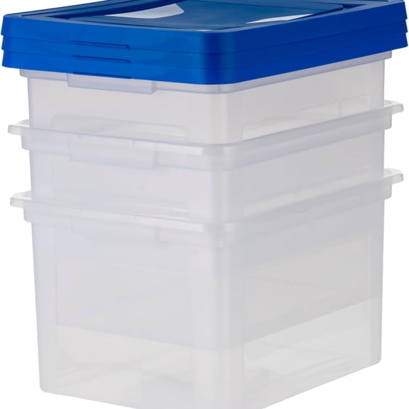 File Box, Plastic File Organizer Box With Lids, Letter/Legal File, Important Document Box, Portable Storage Filing Bin, Stackable Nestable, Clear/Blue 35 Qt. 3 Pack