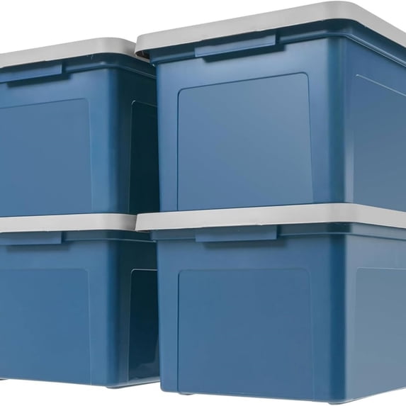 File Box Plastic File Organizer for Letter/Legal File, Document Box, Durable Storage Bin Tote with Secure Latching Lid, Stackable, BPA-Free, Eco Friendly, Sustainable, Navy/Gray 35 Qt. 4 Pack