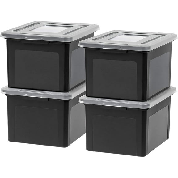 File Box, Plastic File Organizer with Lids for Letter/Legal File, Portable Document Box For Moving, Storage Bin with Durable and Secure Lid, Stackable Nestable BPA-Free, Black 35 Qt. 4 Pack