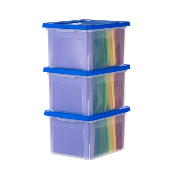 File Box Plastic Organizer With Lids Letter/legal Important Document Portable Storage Filing Bin Stackable Nestable Clear/blue 35 Qt. 3 Pack