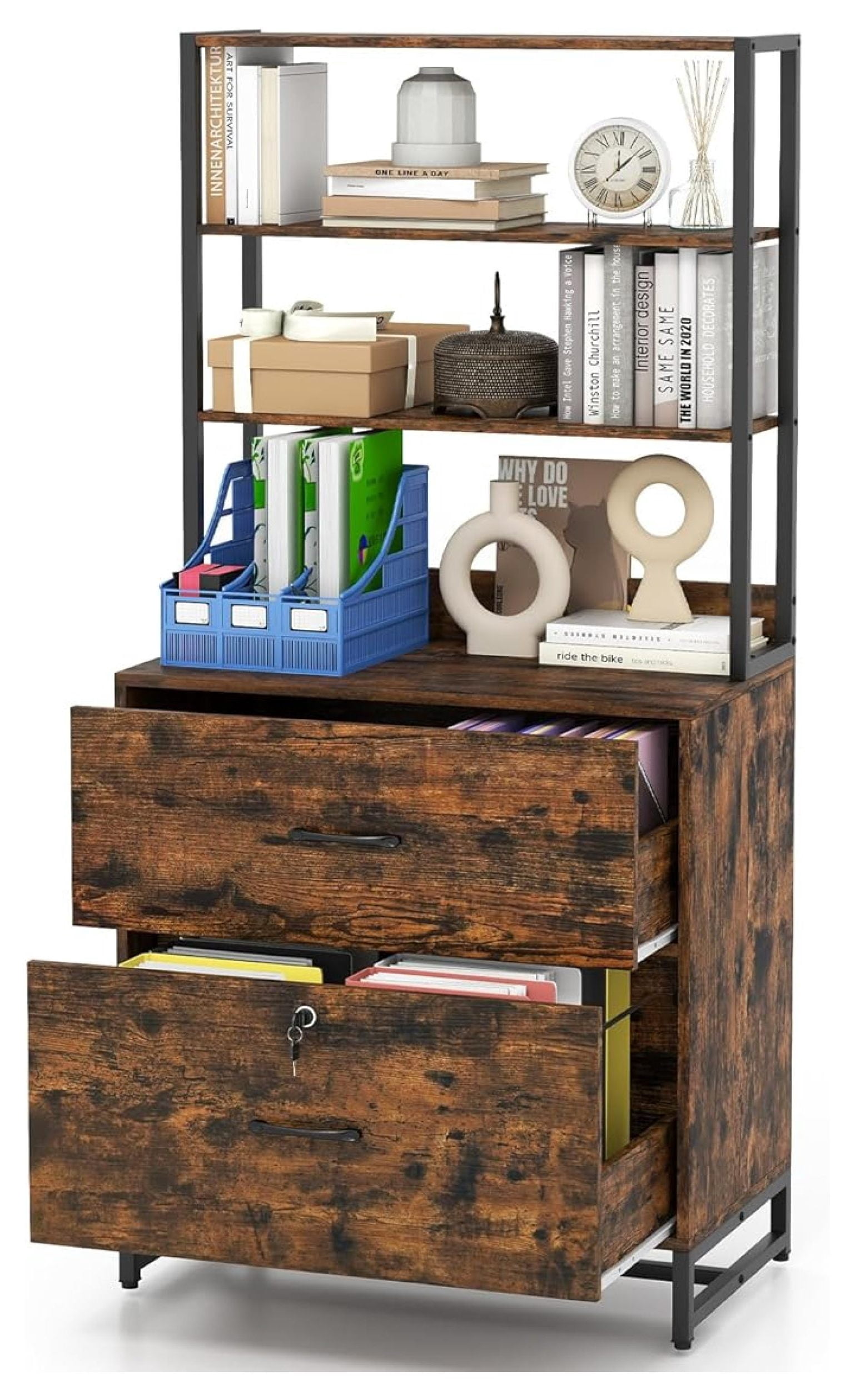 File Cabinet, 2 Drawer File Cabinet with Open Shelves & Anti-toppling Device, Industrial Lateral File Cabinet with Lock for Letter Size File Folders, Rustic Large Printer Stand, Rustic Brown