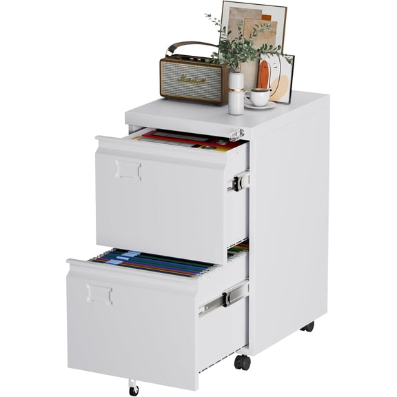 File Cabinet 2 Drawer, Locking Filing Cabinet with Business Card Slot for Letter/Legal/F4/A4 Size Folders,Required Assembly,14.57" W x 17.36" D x 25.79" H,White